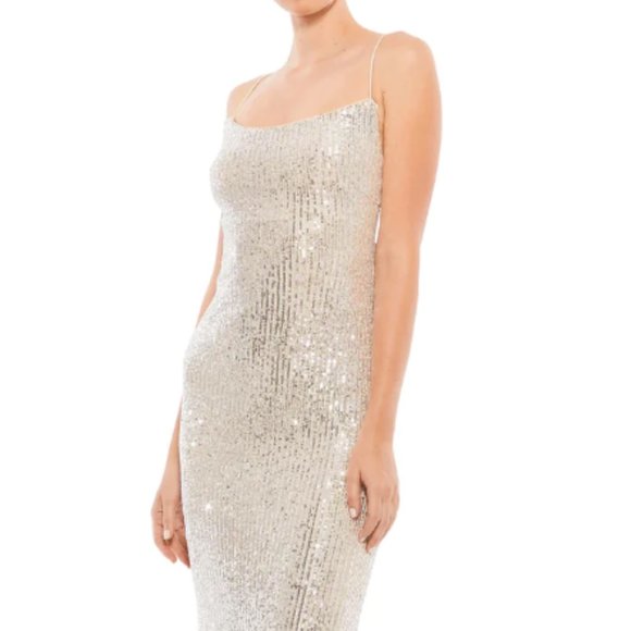 MAC DUGGAL 26269 STRETCH SEQUIN LACE UP BACK EVENING NUDE/SILVER GOWN sz 12 - Picture 1 of 8